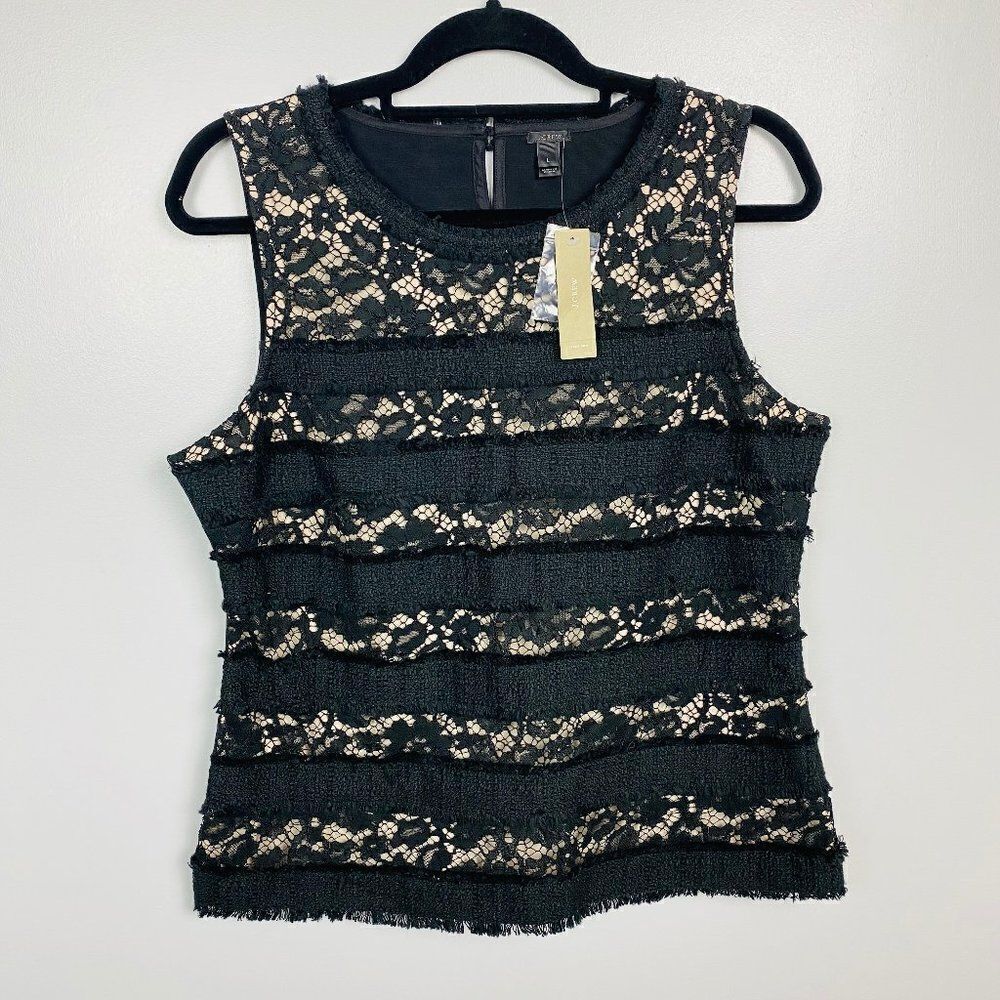 NWT J. Crew Nude & Black Fringey Top in Tweed Lace Size Large